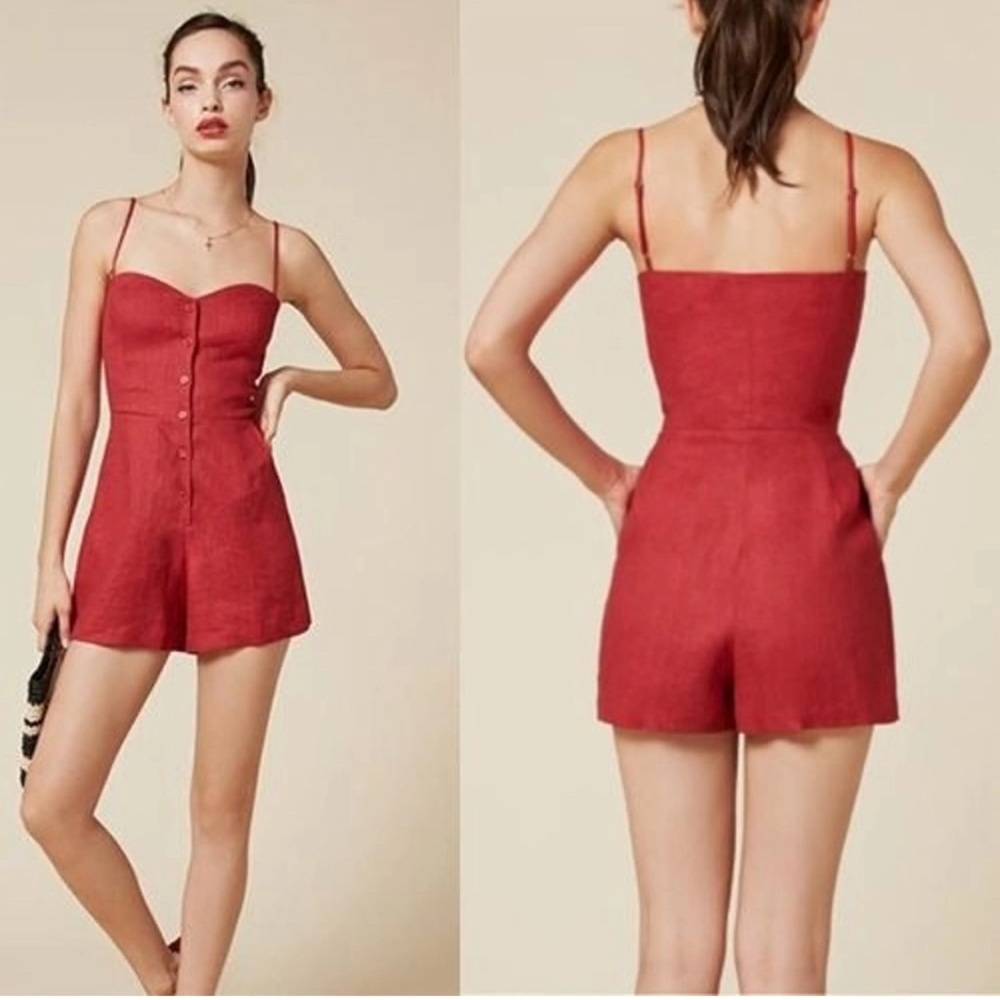Reformation | Red Linen Mini Romper with pockets | Size 00